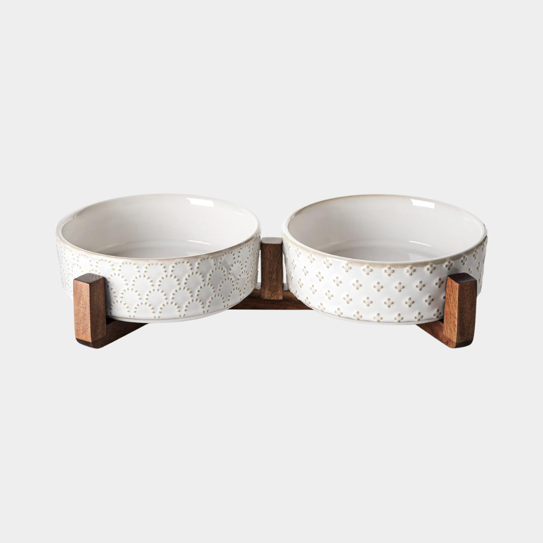 LE TAUCI Dog Bowl Set with Acacia Wood Stand